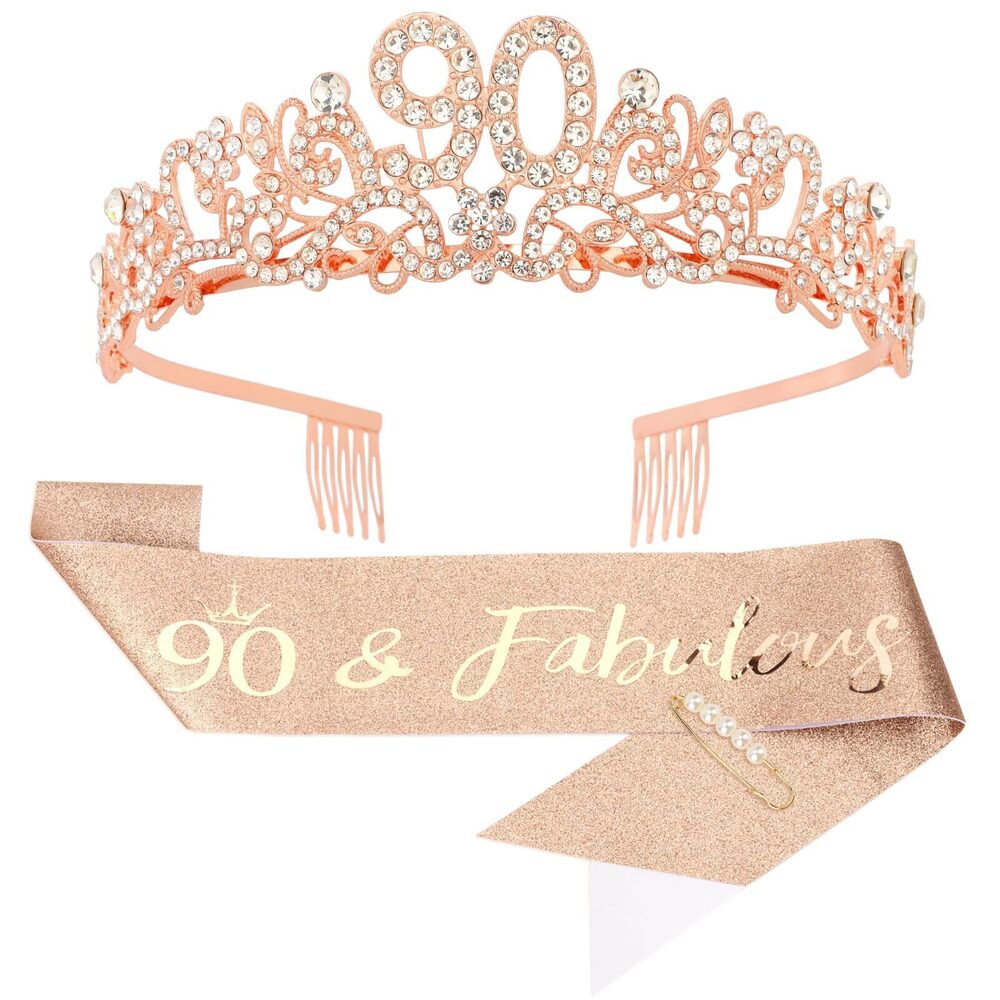8501 90th Birthday Decorations Set - 90th Birtday Crown and Sash Rose Gold